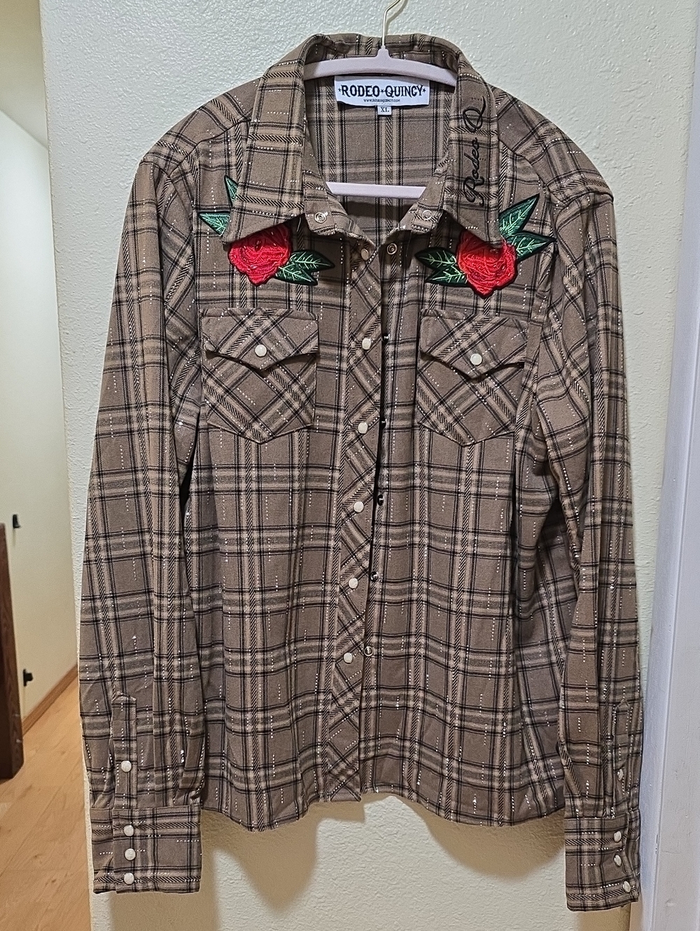 Rodeo Quincy Women's Brown Plaid Button-up Shirt with Rose Embroidery